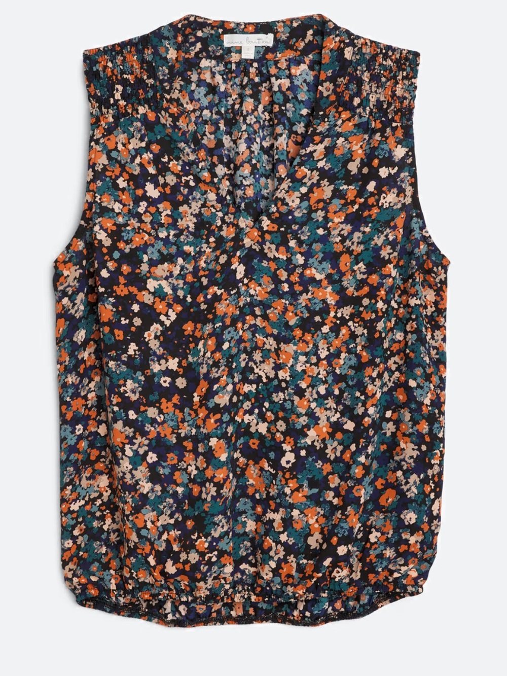 Nine Britton Navy and Floral Smocked Shoulder Sleeveless Blouse Size Medium